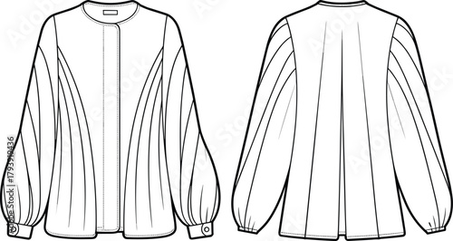 Elegant women’s blouse fashion flat sketch, long puff sleeve top technical drawing, pleated front and back apparel design template, clothing vector outline, CAD drawing flat vector illustration