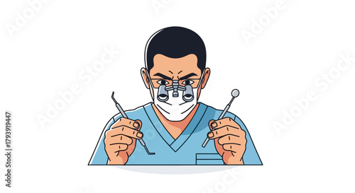 Dentist with tools ready for examination.