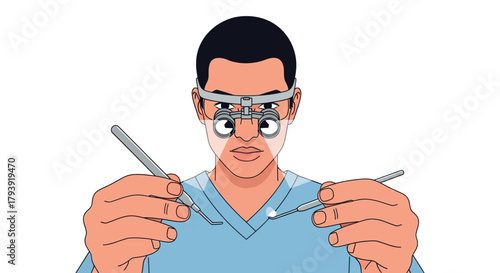 A male dentist wearing magnifying loupes and scrubs holds dental instruments, looking from the patient's point of view.