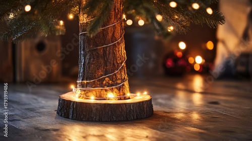 String of lights wraps around a Christmas tree trunk, holiday decor, wooden base