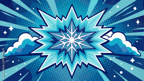Dynamic winter pop art background featuring a comic-style explosion starburst with a snowflake at the center. Radial lines and halftone patterns create a cool, energetic theme for seasonal sales, game