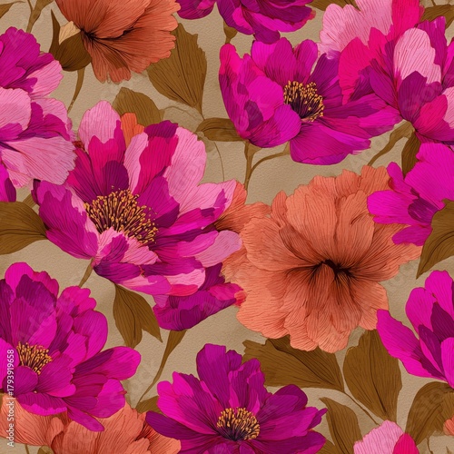 A vibrant floral pattern featuring large pink and purple flowers against a neutral background, creating a lively and colorful design.