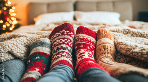 Christmas socks and family feet relaxing together under cozy blankets enjoying a warm morning in bed for holiday celebration
