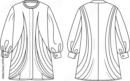 Elegant women’s pleated long tunic blouse flat sketch, balloon sleeve shirt technical drawing, cuff detail fashion template, apparel design outline, CAD drawing flat vector illustration

Keywords: