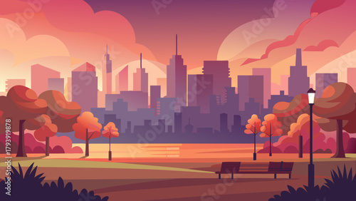 Scenic city park view featuring a downtown skyline silhouette at sunset or sunrise. Vector illustration with rich, warm orange and purple tones, benches, and trees. Perfect for urban nature and tranqu