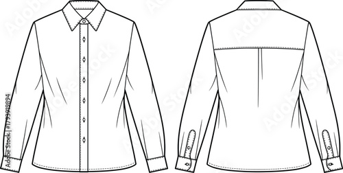 Front and back flat technical drawing of women’s button down shirt, long sleeve blouse design, vector clothing template, fashion CAD illustration