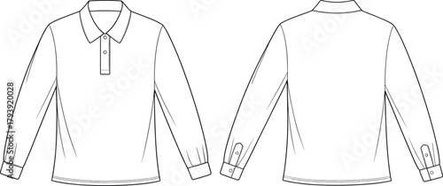 Front and back flat technical drawing of long sleeve polo shirt, casual fashion top design, vector clothing template, apparel CAD illustration