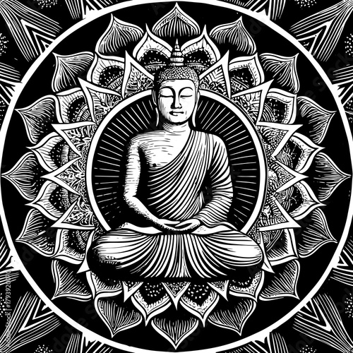 Intricate black and white vector illustration of a meditating Buddha in the lotus position. Features a detailed circular Mandala background with a woodcut or engraving style.
