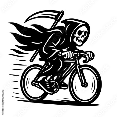 grim reaper riding a fixie bike at full speed, cloak flowing dramatically behind, scythe strapped to his back