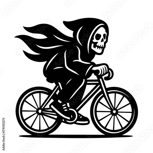 grim reaper on a fixie bike in side view, simple clean composition, cloak waving behind