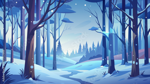 Cartoon winter forest landscape with snow-covered ground and bare trees under a cool blue sky, featuring a winding path. A serene seasonal scene for backgrounds, games, and nature concepts.