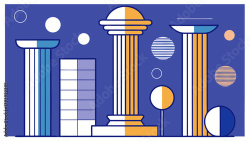 ancient Roman and Greek architectural columns and geometric shapes. Abstract vector art representing history, classicism, law, education, stability, and foundational principles in blue and orange.