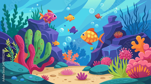 Vibrant, cartoon underwater background with colorful fish, coral, seaweed, and rocks on the seabed. Fun vector illustration for children's books, games, and ocean conservation themes.