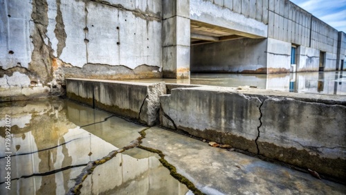 Cracked Concrete Structure with Water Reflection in Abandoned Area