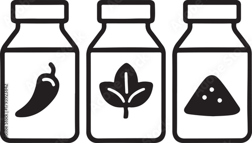 Spice jars outline icon set with chili pepper, herb leaf, and ground powder, symbolizing culinary ingredients and kitchen essentials isolated on white background, Vector, illustration