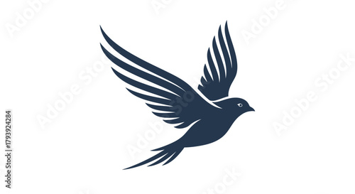 A stylized dark blue silhouette of a bird in mid-flight, with its wings spread wide against a plain white background, conveying a sense of freedom and movement.