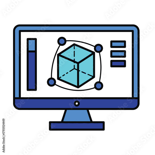 Vector illustration of computer monitor displaying 3d modeling software interface