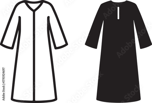 Line art and solid silhouette of a loose-fitting long sleeve robe, vector illustration showcasing traditional and modern garment apparel design. isolated on white background, Vector, illustration
