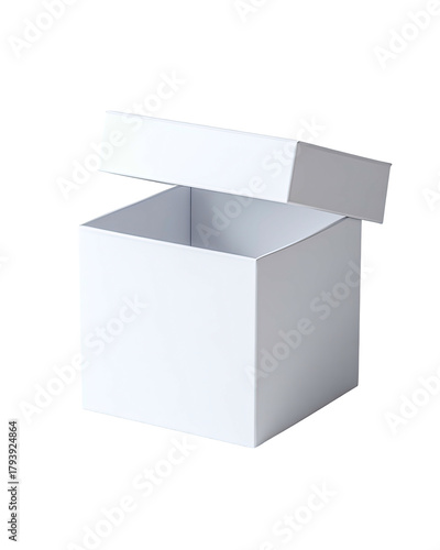 White, square, cardboard box with lid propped open