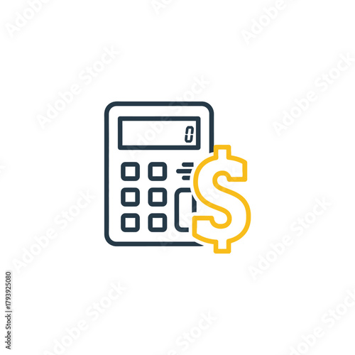 Financial calculation concept icon with a calculator and a dollar sign, representing budget, savings, and economy.