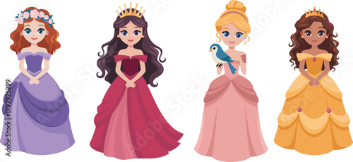 Cartoon princess characters, fairytale queens, fantasy royal gown illustration, children’s story art, elegant dresses, magical kingdom, vector design, colorful clipart, royalty, tiara