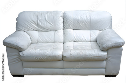 White leather sofa with plush cushions stands against a white background.