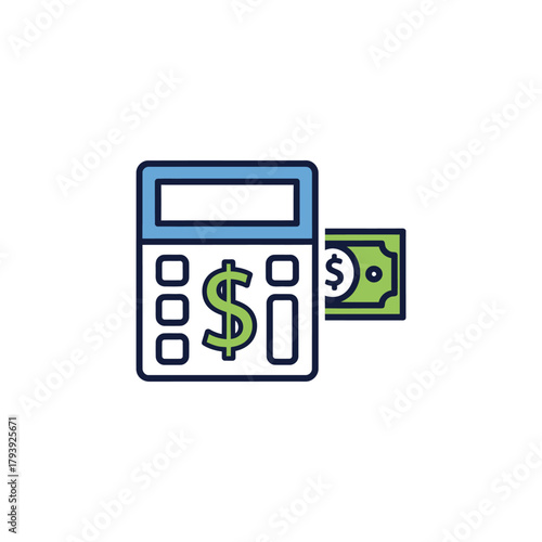 A simple line art illustration of a calculator with a dollar bill being inserted into it, symbolizing financial calculations and money management.