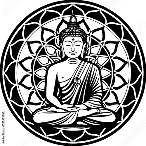 Clean line art vector illustration of Siddhartha Gautama Buddha in Dhyana Mudra (meditation pose) with a surrounding circular Lotus flower motif. Minimalist black and white design for zen