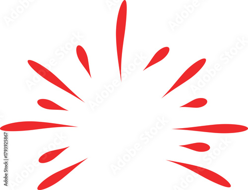 Abstract burst of red paint splatters radiating outward on a white background.