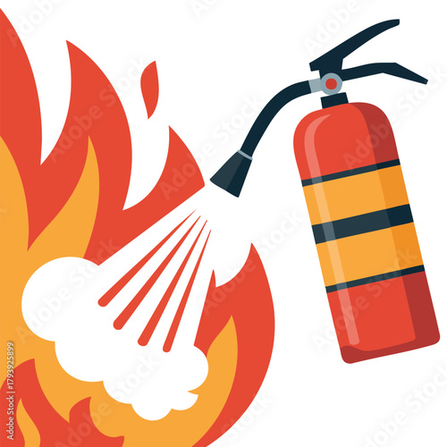 Flame emergency situation with firefighting equipment isolated vector illustration on white background