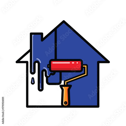 Vector illustration of house outline being painted blue with a red paint roller