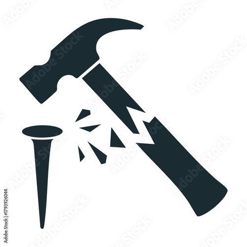 Construction hammer breaking while striking nail isolated vector illustration on white background