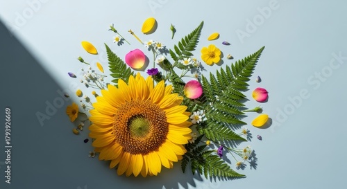 Sunflower and Fern Arrangement with Petals on Blue Background