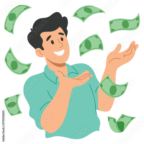 Wealthy man holding banknotes money concept isolated vector illustration on white background