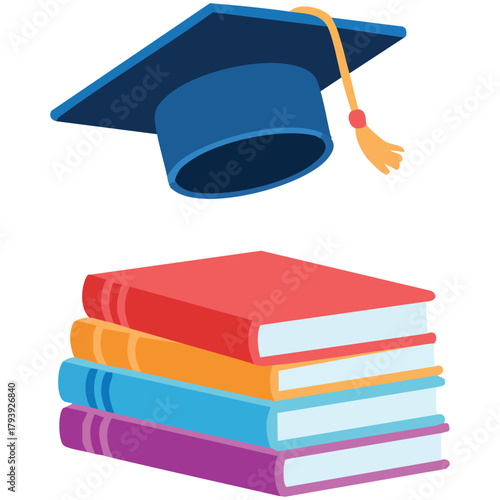 Graduation stack of books with hat isolated vector illustration on white background