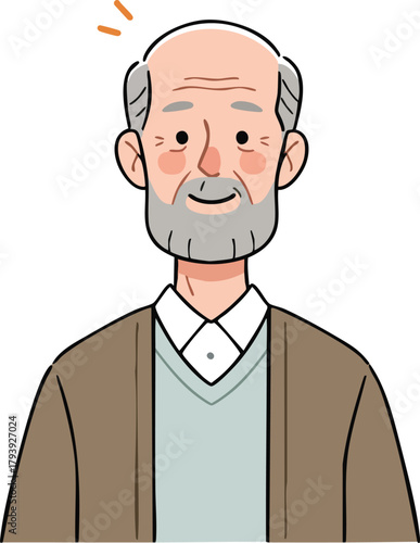 Cartoon illustration of an elderly man with arthritis, depicted with a warm smile and rosy cheeks, wearing a brown cardigan and blue sweater against a clean white background.