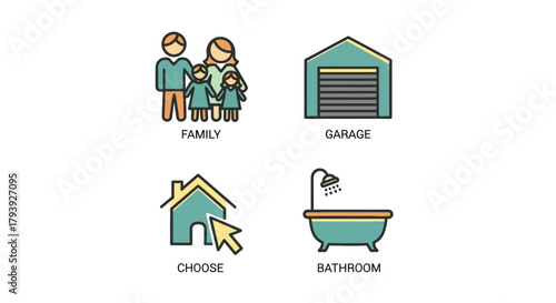 Vector illustration of four icons representing family, garage, choose, and bathroom