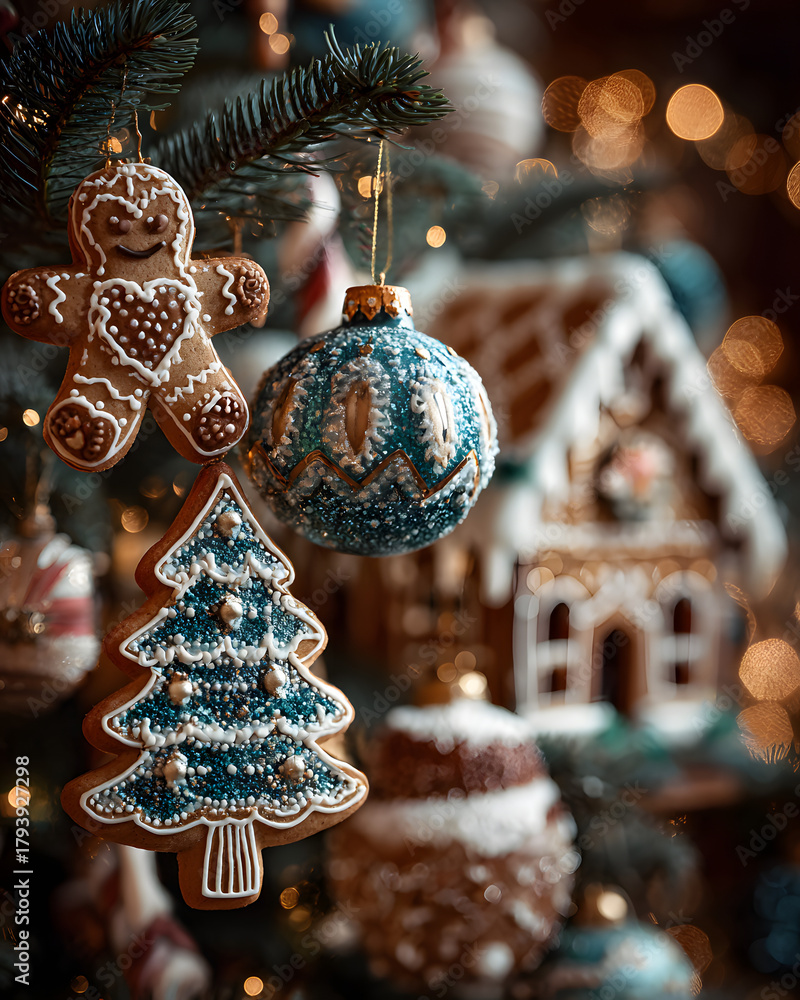 Naklejka premium Close-up of a Christmas tree decorated with baubles, lights, gingerbread and candies.