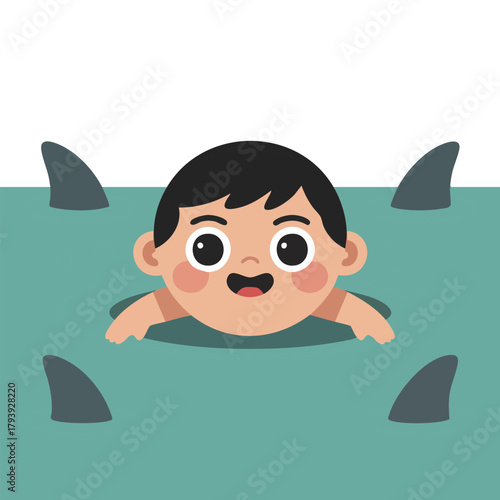 Businessman surrounded by sharks despair isolated vector illustration on white background