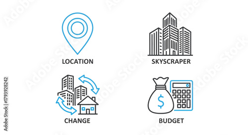 Vector illustration of real estate icons location, skyscraper, change, and budget