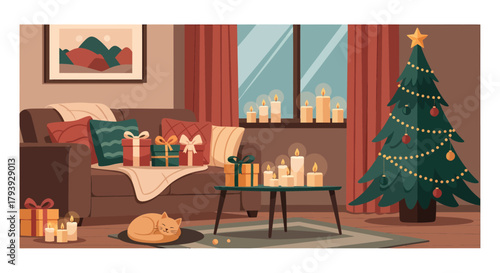 Cozy Christmas Living Room with Gifts and Sleeping Cat.