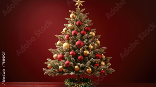 Red and gold Christmas tree with a wreath on the bottom, gold, wreath, ornaments