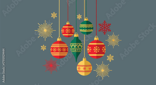 Festive Christmas Ornaments and Snowflakes Hanging on Strings.