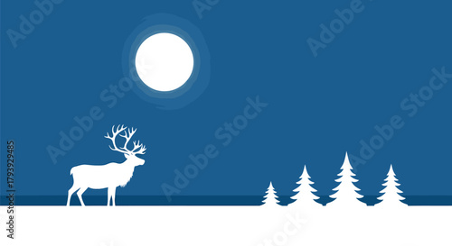 White Deer Silhouette Under a Full Moon in Winter Landscape.