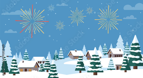 Winter Village Scene with Fireworks and Snow-Covered Houses.