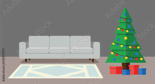 Festive Living Room Scene with Christmas Tree and Sofa.
