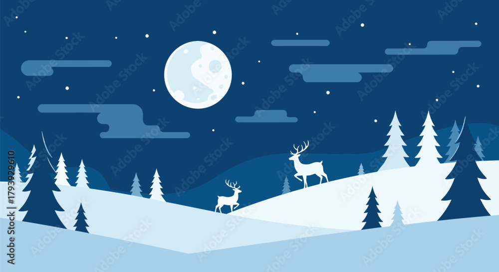 Naklejka premium Winter Wonderland - Deer in Snowy Landscape Under Moonlight.