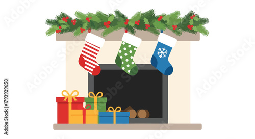 Festive Fireplace Scene with Stockings and Gifts.