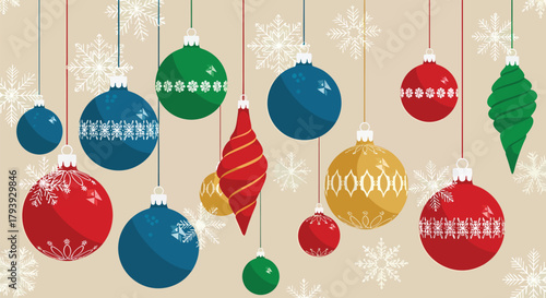 Colorful Christmas Ornaments Hanging Against a Beige Background.