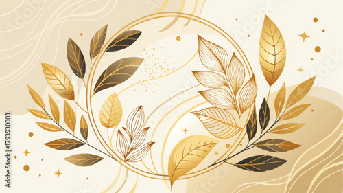 Elegant luxury background with a circular gold floral wreath of leaves in beige and metallic textures. Perfect for wedding invitations, premium product packaging, and cosmetic branding.